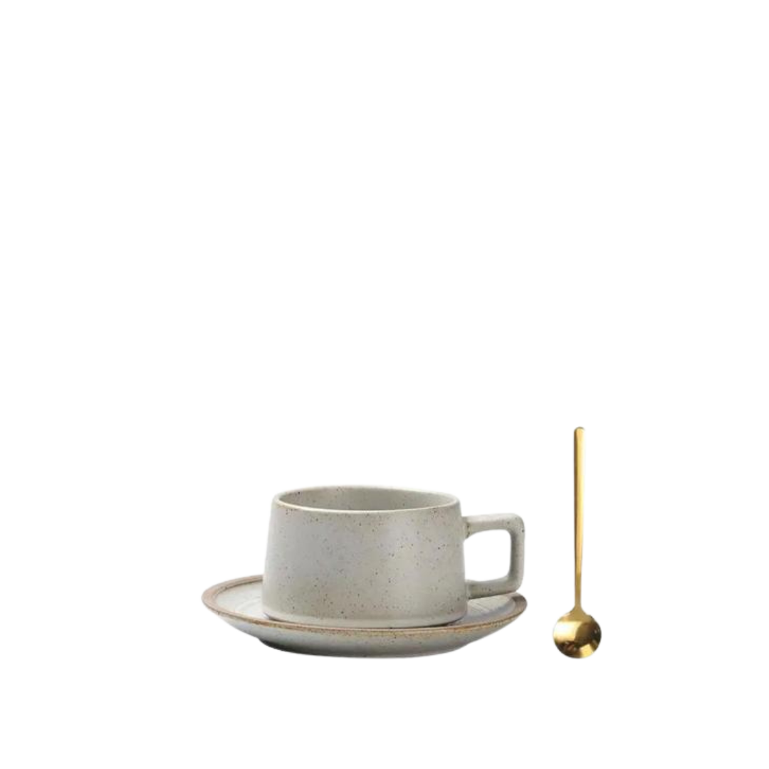 Ceramic - Warm White Cup With Plate & Spoon 220ml