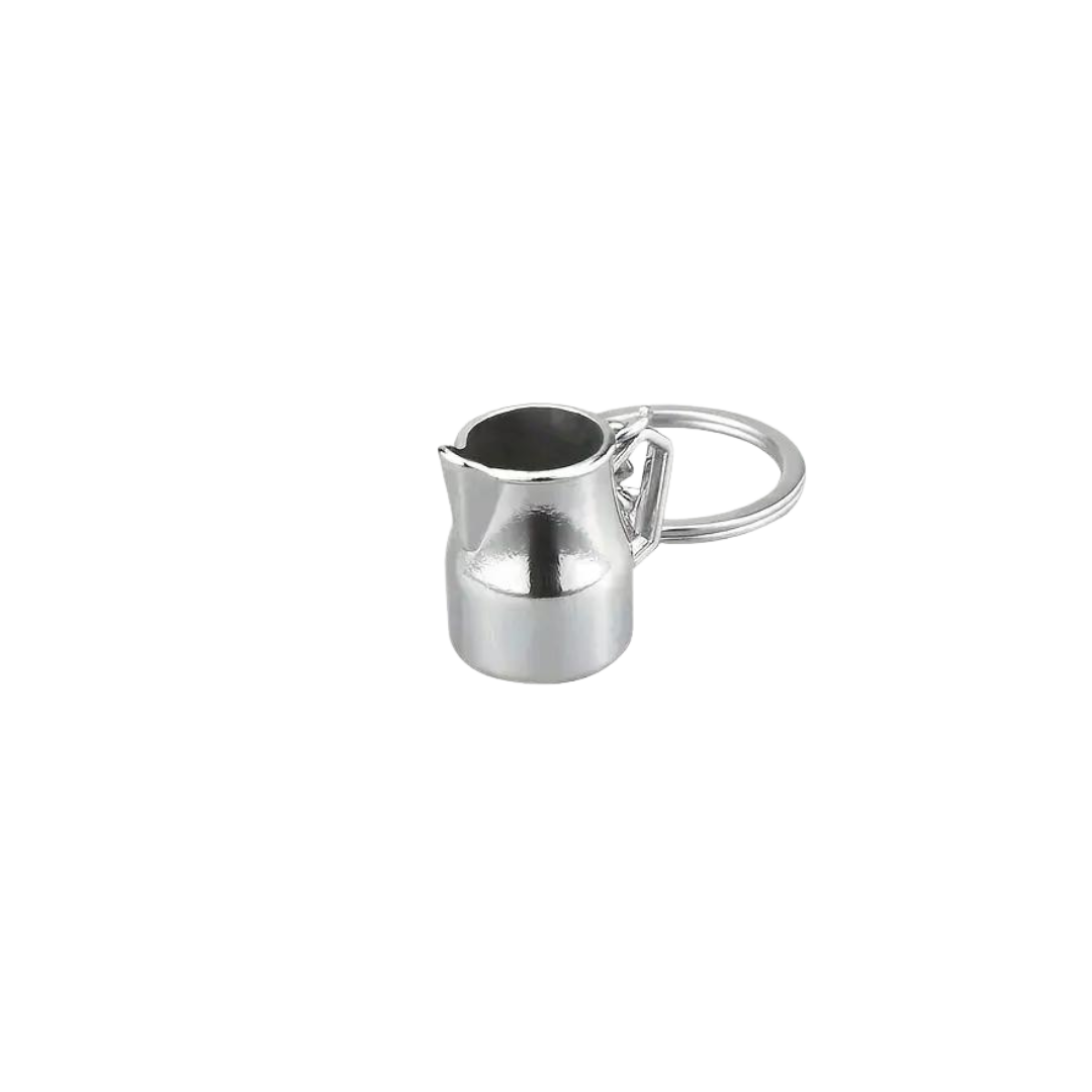 Silver milk pitcher coffee tools keychain accessory by Not Just Beans ☕🔑