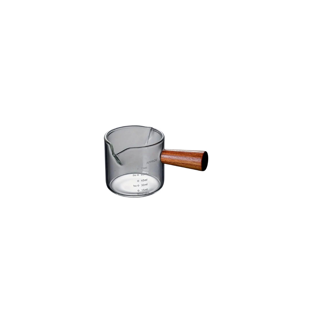 Glass coffee measuring cup with wooden handle for coffee brewing by Not Just Beans ☕